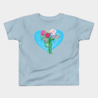 Spring flowers and tulips in blue heart shape Kids T-Shirt